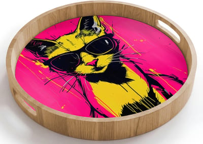 Dienblad rond 40x40 cm - Schootdienblad hout - Kat - Art - Zonnebril - Roze - Borrelplank rechthoek - Plateau houten dienbladen