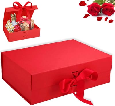 Geschenkdoos met deksel - opvouwbare geschenkdoos - 23 x 17 x 7 cm - geschenkdoos met strik - magnetische geschenkdoos voor jubileum - vouwdoos voor verjaardag en Kerstmis - Valentijnsdag (rood)