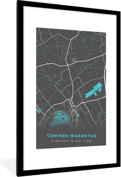 Fotolijst incl. Poster - Plattegrond – Comines Warneton – Blauw – Stadskaart - Kaart - 60x90 cm - Posterlijst