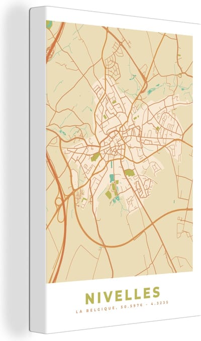Canvas Schilderij Vintage - Nivelles - Kaart - Plattegrond - Stadskaart - 20x30 cm - Wanddecoratie