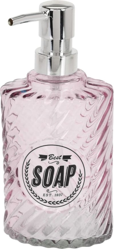 Items Zeeppompje/dispenser - 17 cm - glas - roze - 300 ml - navulbaar - toilet/badkamer/keuken