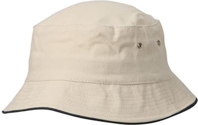 Vissershoedje zandkleur met navy blue randje | bucket hat | zonnehoedje van katoen | L/XL