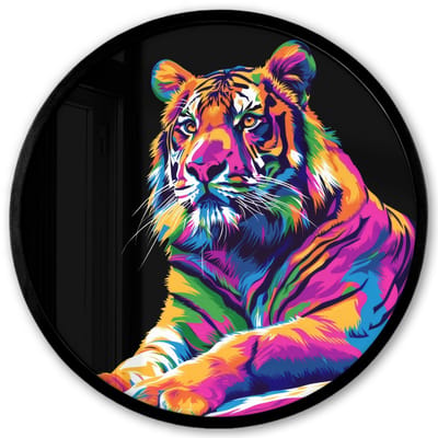 Poster in lijst Rond - Fotolijst 40x40 cm - Posters - Tijger - Kleurrijk - Dieren - Zwart - Neon - Ronde posterlijst zwart - Decoratie - Wanddecoratie woonkamer - Muurdecoratie slaapkamer