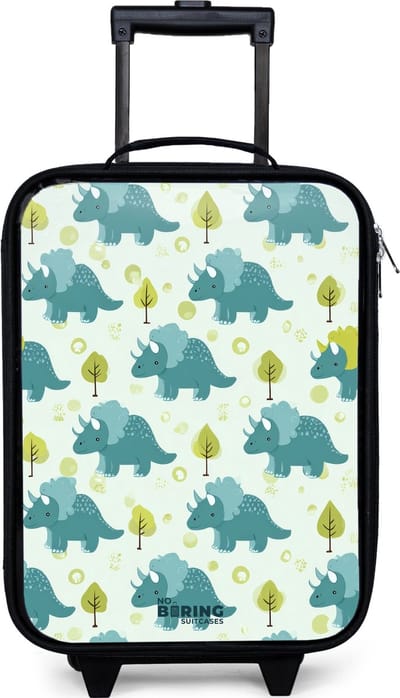 NoBoringSuitcases.com® - Kinderkoffer jongen - Kindertrolley meisje - Triceratopsen tussen boompjes - Koffer kind lichtgewicht - Reiskoffer trolley voor kinderen - Koffertje met lichtgevende wieltjes - Rolkoffer zwart