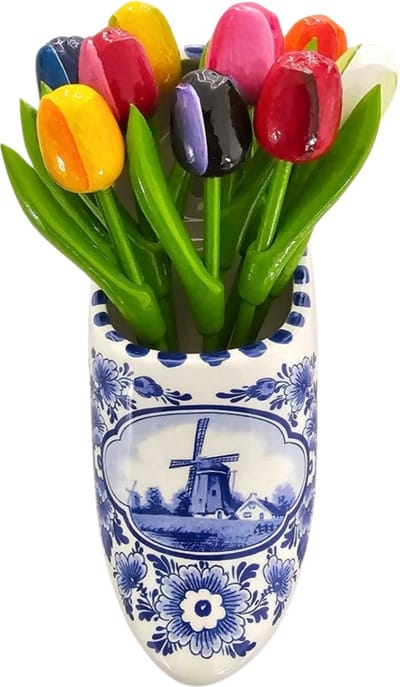 Houten tulpen in klomp - Groot - Delfts blauw - Typisch Hollands - Souvenir - Houten tulpen - Delfts blauwe klomp keramiek