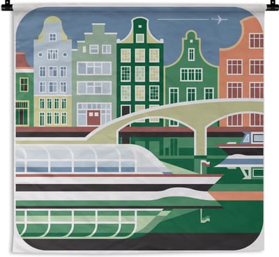 Wandkleed Amsterdam illustratie - Illustratie van Amsterdam met groene tinten Wandkleed katoen 90x90 cm - Wandtapijt met foto