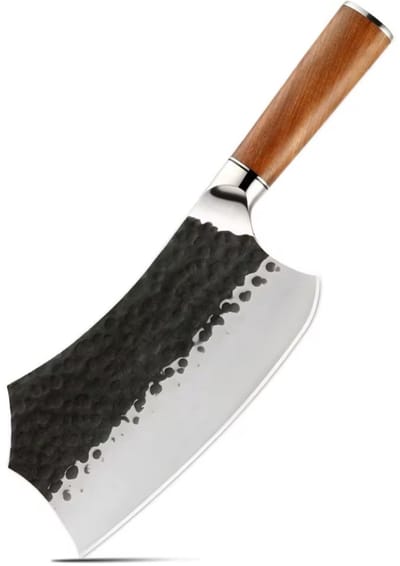 KAAMUT® Hakmes 18 cm Gehamerd Koolstofstaal – Vlijmscherp – Professioneel Slagersmes – BBQ Mes – Zwarte Finish – Massief Houten Handvat