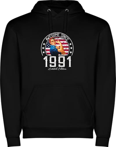 Zwarte unisex hoodie met “ Kleurrijke Awesome Since 1991 Limited Edition – Leeftijd – Verjaardag “ Print Full Color Color merk Roly maat S