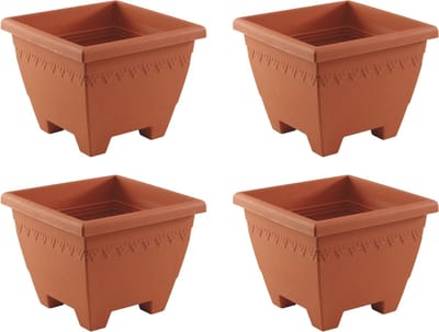 Hega Hoger Plantenbak/bloempot Lima - 4x - terracotta - vierkant - kunststof - 35x35x28 cm - planten pot