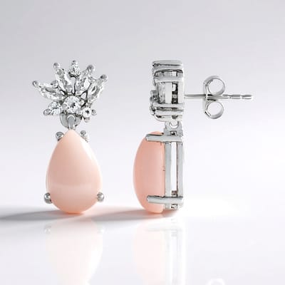 Cavill - Zilveren Oorstekers 925 Sterling Geplatineerd - Roze Chalcedoon 6,55 ct & Witte Topaas 0,79 ct - Elegant Druppelvormig - Oorbellen voor Dames
