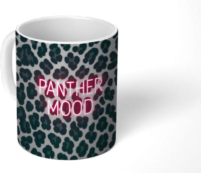 Mok - Koffiemok - Panterprint - Zwart - Neonletters - Roze - Mokken - 350 ML - Beker - Koffiemokken - Theemok
