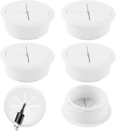 Set van 6 Flexibele Plastic Kabeldoorvoeren van 60 mm voor Bureau, Computer Tafels en Werkstations - Wit, Kabelbeheer en Organisatie