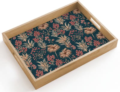 Dienblad hout 40x30 cm - Schootdienblad - Botanisch - Patroon - Blauw - Borrelplank rechthoek - Plateau dienbladen