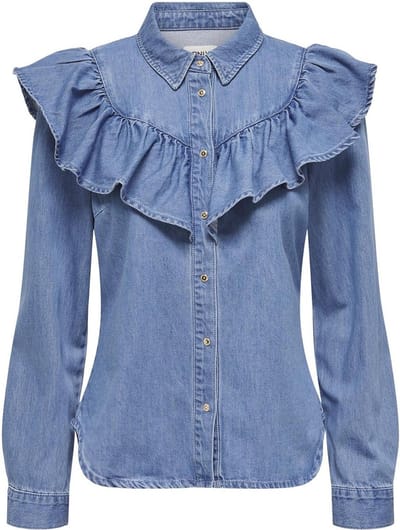 ONLY ONLINDIGO LS FRILL DNM SHIRT QYT NOOS Dames Blouse - Medium Blue Denim