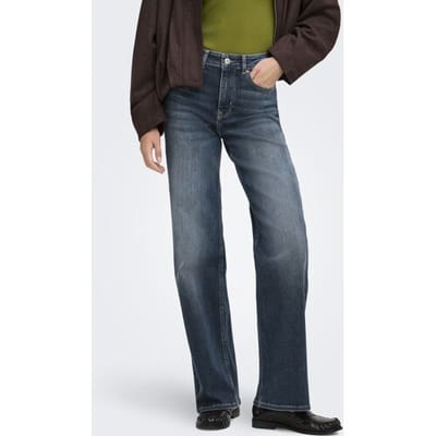 Only blauwe dames jeans   High waist   Madison   Stonewash wassing   Wide leg fit   5-Pocket zakken   Knoop- en ritssluiting   Duurzaam   High waist