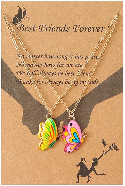 BFF Ketting voor 2 met Groene & Roze Vlinders - Goudkleurig - Vriendschapsketting met Cadeau kaartje - Pax Amare