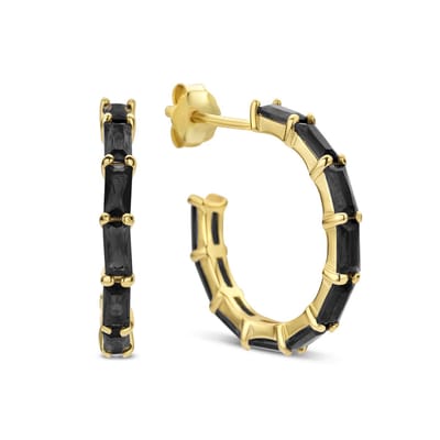 New Bling 9NB-0928 Zilveren Halve Oorringen - Dames - Zirkonia - Baquette - 19 mm Doorsnee - Zwart - Goudkleurig