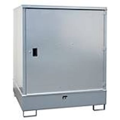 BAUER GS-3 kast voor gevaarlijke stoffen, plaatstaal, toegankelijk voor rolstoelgebruikers, voor 4 x 200 l vaten, B 1475 x D 1460 x H 1805 mm, grijs