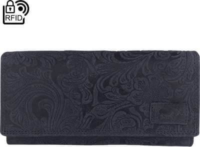 Arrigo Bloemenprint Portemonnee Dames Leren Portefeuille - Donkerblauw