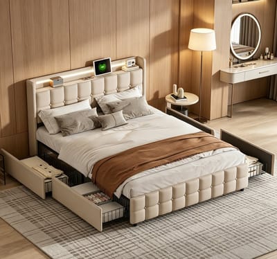 Gestoffeerd bed 160x200cm met 4 opberglades en ledverlichting, USB-laadstation, tweepersoonsbed met linnen bekleding, gecapitonneerd hoofdbord met opbergruimte, kinderbed, linnen bekleding, beige, zonder matras