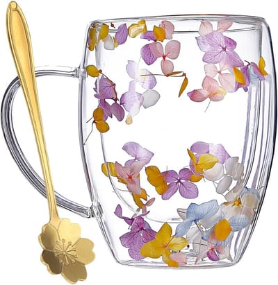 Stijlvolle Dubbelwandige Glazen Koffiemokken met Gedroogde Bloemen - Schattige Theekopjes met Handvatten, Perfect als Cadeau voor Vrienden, Leraren en Moeders