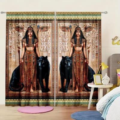 2 stuks Gordijn met Opdruk van Oude Egyptische Godin voor Huisdecoratie - Gordijn met Stangzak voor Slaapkamer, Kantoor, Keuken 52.5cmX116cm X 2pcs brown