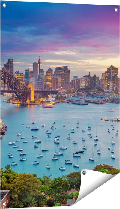 Gards Tuinposter Sydney Harbour Bridge in de Avond - 60x90 cm - Tuindoek - Tuindecoratie - Wanddecoratie buiten - Tuinschilderij