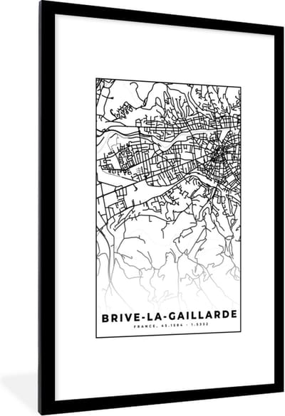 Fotolijst incl. Poster Zwart Wit- Kaart - Brive-la-Gaillarde - Plattegrond - Frankrijk - Stadskaart - Zwart wit - 80x120 cm - Posterlijst
