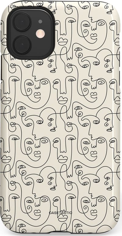 Casetastic hoesje geschikt voor Apple iPhone 11 - Dubbellaagse bescherming - Art Deco Creme Abstractie Lijntekening Gezichten - Fashion Case - Zilver Crème Wit