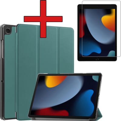 Hoesje - Geschikt voor Apple iPad 9 (2021) - 10.2 inch - 9e Generatie - Met Screenprotector - Trifold Bookcase Hoes - Hard Cover Case - Met Uitsparing Geschikt voor Apple Pencil - Hardcover Book - Tablethoes - Donkergroen