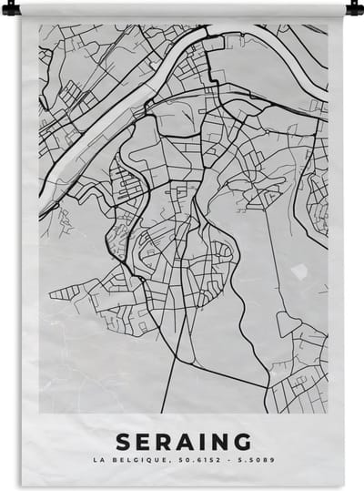 Wandkleed - Wanddoek - België – Seraing – Stadskaart – Kaart – Zwart Wit – Plattegrond - 120x180 cm - Wandtapijt
