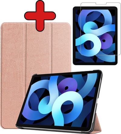 Hoesje - Geschikt voor Apple iPad Air 5 (2022) - 10.9 inch - 5e Generatie - M1 - Met Screenprotector - Hardcover Book Case - Trifold Bookcase Hoes - Hard Cover - Tablethoes - Rosé goud