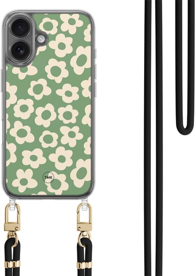 Casevibes - Telefoonhoesje met koord - Geschikt voor Apple iPhone 16 - Retro cute flowers - Groen - Bloemen