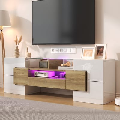 Wishdor Tv-Meubel - Hoogglans - Ledverlichting Met Meerdere Kleuren - Spaanplaat - Wit En Goud - 145 X 30 X 51 Cm