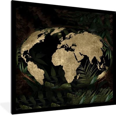 Poster in lijst - Fotolijst 40x40 cm - Posters - Wereldkaart - Vintage - Wereldbol - Posterlijst zwart - Decoratie - Wanddecoratie woonkamer - Muurdecoratie slaapkamer