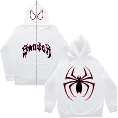 Y2k Vrouwen Spinnenprint Hoodies Vrouwen Hip Hop Rits Lange Mouw Jas Jassen Herfst Winter Harajuku Casual Losse Capuchon Sweatshirt S white