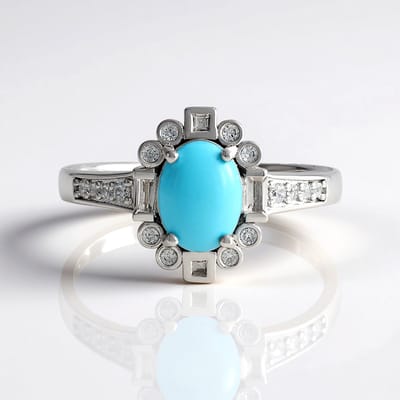 Cavill - Damesring 925 Sterling Zilver Gerhodineerd - Ovale Sleeping Beauty Turkoois 0,84 ct & Witte Topaas 0,15 ct - Vintage Elegante Tijdloze Ring