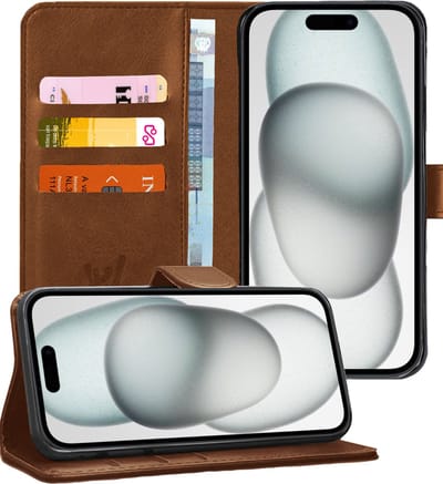 Hoesje geschikt voor iPhone 15 - Book Case Kunstleer Pasjeshouder Bruin