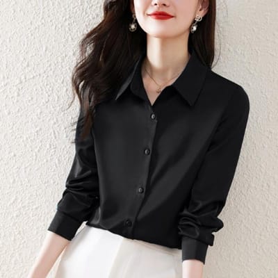 Nieuw Lente Satijnen Blouse voor Dames Lange Mouwen Koreaanse Losse Blouse XL black