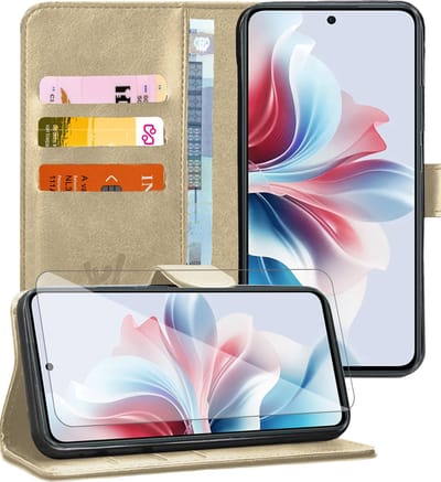 Hoesje geschikt voor Oppo Reno 11F - Screenprotector Glas - Portemonnee Book Case Goud