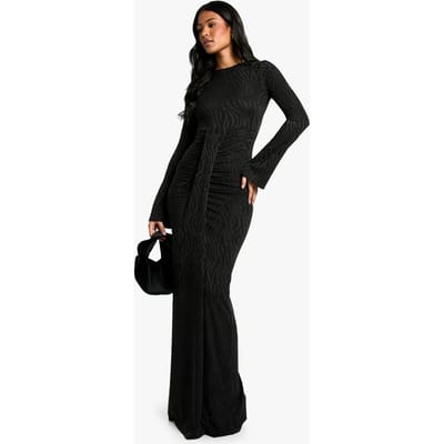 boohoo Dames Lang model maxi-jurk met dierenjacquard en drape-detail | Zwart | Maat: 34