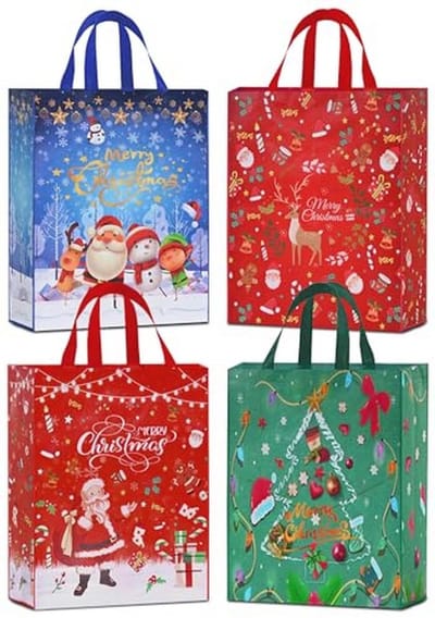 Extra grote herbruikbare kerstgeschenkzakken - 4 stuks, 50 x 40 x 16 cm, met handgrepen voor cadeauverpakking en boodschappen