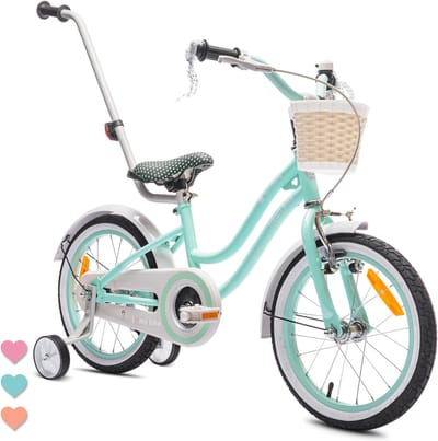Heart Bike Fiets voor een meisje van 4 tot 6 jaar, 16 inch Mint, met fietsbel, zijwieltjes, duwstang en stuurmandje