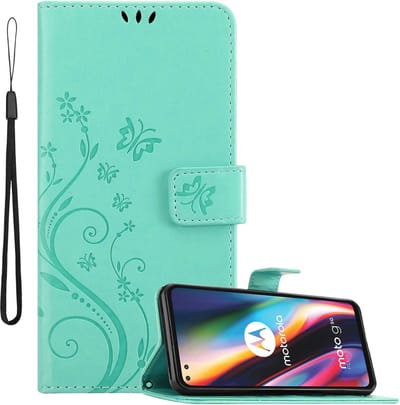 Cadorabo Hoesje geschikt voor Motorola MOTO G 5G PLUS in BLOEMEN TURKOOIS - Beschermhoes in bloemmotief met magnetische sluiting, standfunctie en kaartsleuven Book Case Cover Etui