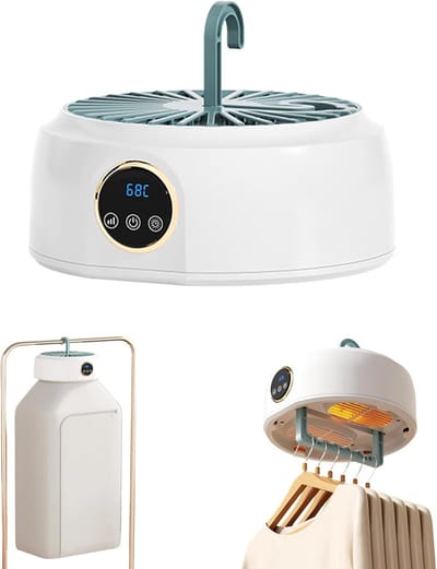 Draagbare Elektrische Droger Mini Opvouwbare Warmtepomp met UV Sterilisator 8 Uur Timer 360° Hetelucht Verstelbaar Grote Capaciteit Stil Energieklasse Reis Camper Thuis Slaapkamer