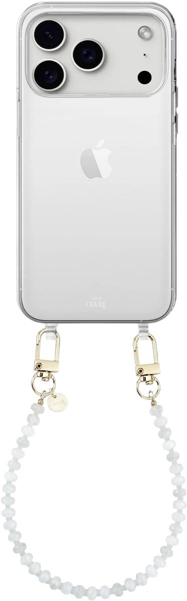 xoxo Wildhearts siliconen hoesje geschikt voor iPhone 17 Pro Max - Dusty White - Kort koord - Telefoonhoesje - Hoesje met koord - Kralenketting - Wit telefoonkoord - Transparant hoesje