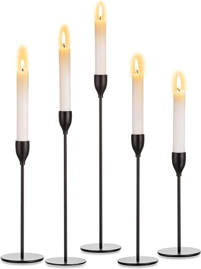 Kandelaar Set van 5 - Zwarte taps toelopende kandelaarstandaards - Hoge kandelaarhouders voor Kerstmis - Huwelijksverjaardag - Woonkamertafel - Housewarming Party - Open haarddecoraties