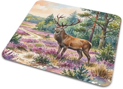 Muismat Edelhert - Hert met Gewei op Paarse Heide "Aquarel Serie" Illustratie - Veluwe Natuur Mousepad - Werkplek Decoratie Cadeau voor haar: Vrouw, Vriendin & Collega - Krachtig Wild Dier Design - Bos & Heide Landschap