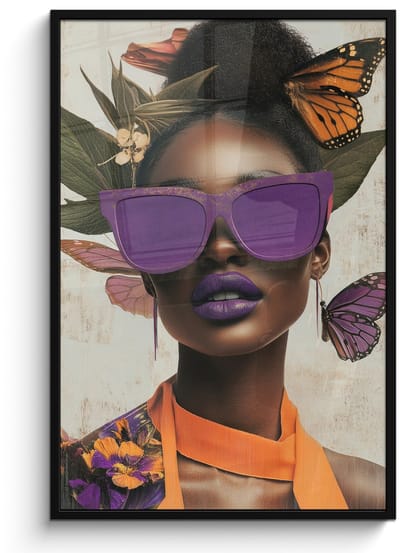 Poster in lijst - Fotolijst 80x120 cm - Posters - Vrouw - Zonnebril - Vlinder - Bloemen - Posterlijst zwart - Decoratie - Wanddecoratie woonkamer - Muurdecoratie slaapkamer
