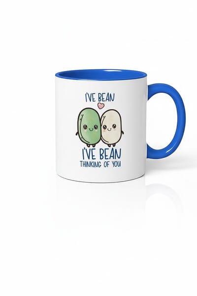 Koffiemok Beker 'I'VE BEAN THINKING OF YOU' met Leuke Bonen Pun - Origineel Liefdes Cadeau